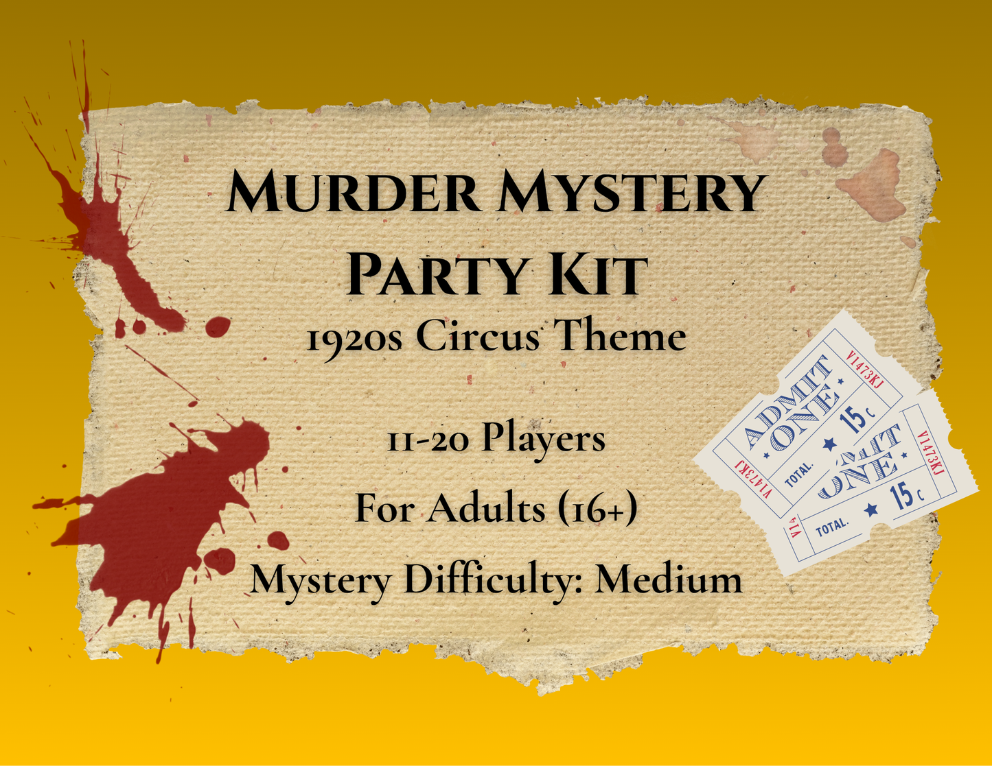 Promotional image for a 'Murder Mystery Party Kit' with a 1920s circus theme, suitable for adults with medium difficulty.