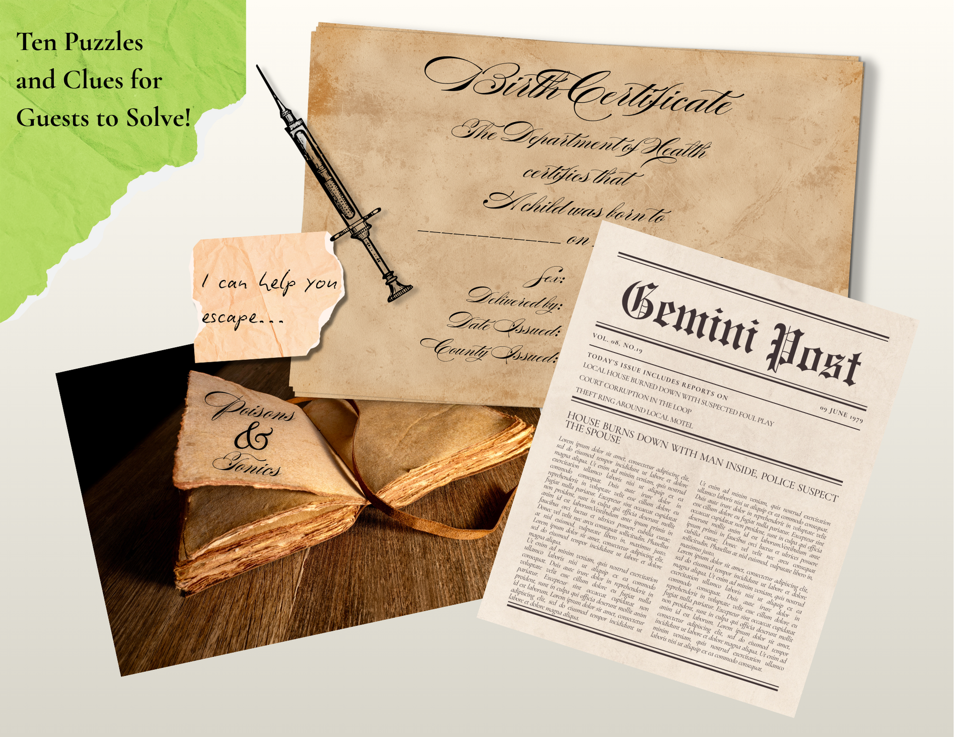 Vintage-style items (clues) including a birth certificate, newspaper, and puzzle pieces on a light gray background.
