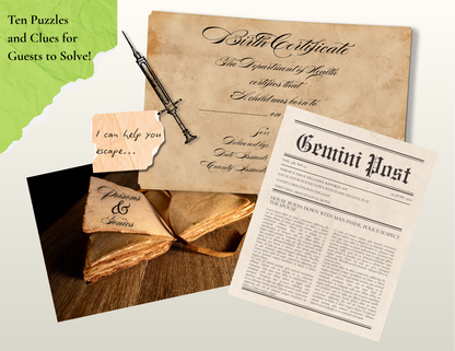 Vintage-style items (clues) including a birth certificate, newspaper, and puzzle pieces on a light gray background.