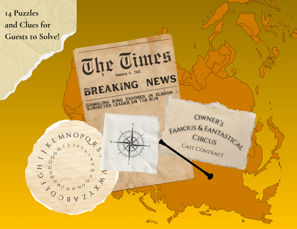 Map with a newspaper, compass, and contract on top, featuring text about puzzles and clues.