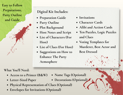 Promotional photo outlining what is included in the digital download file. Includes preparation guide, party outline, plot background, host notes and script, list of characters, list of clues, suggestions on how to enhance the party atmosphere, invitations, character cards, alibi and action cards, ten (10) puzzles, logic puzzles, and clues, voting templates for murderer, best actor, and best dressed.