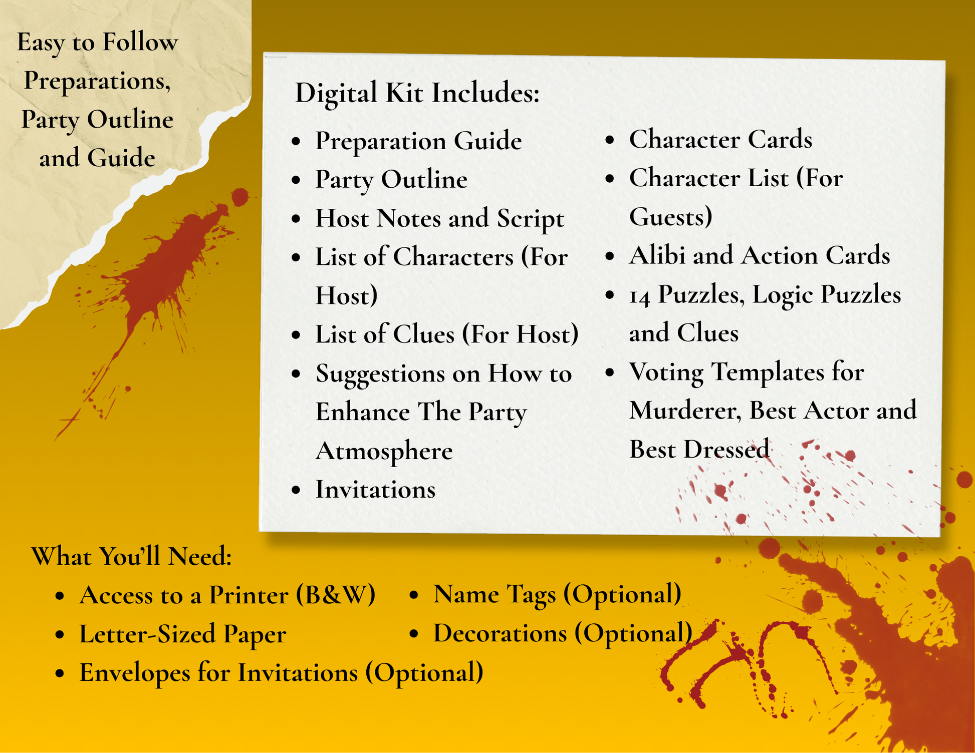 Digital kit for party planning with a list of included items on a yellow background with red splashes.