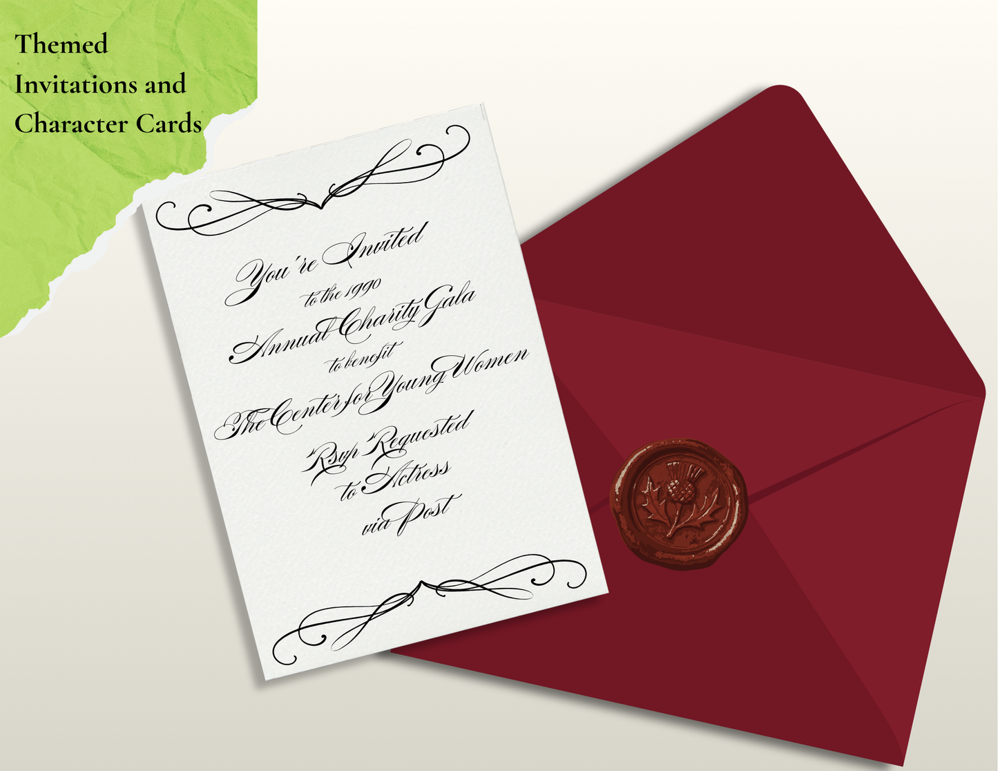 Invitation card to murder mystery event with details and addressed to a character. Has red envelope on a light background