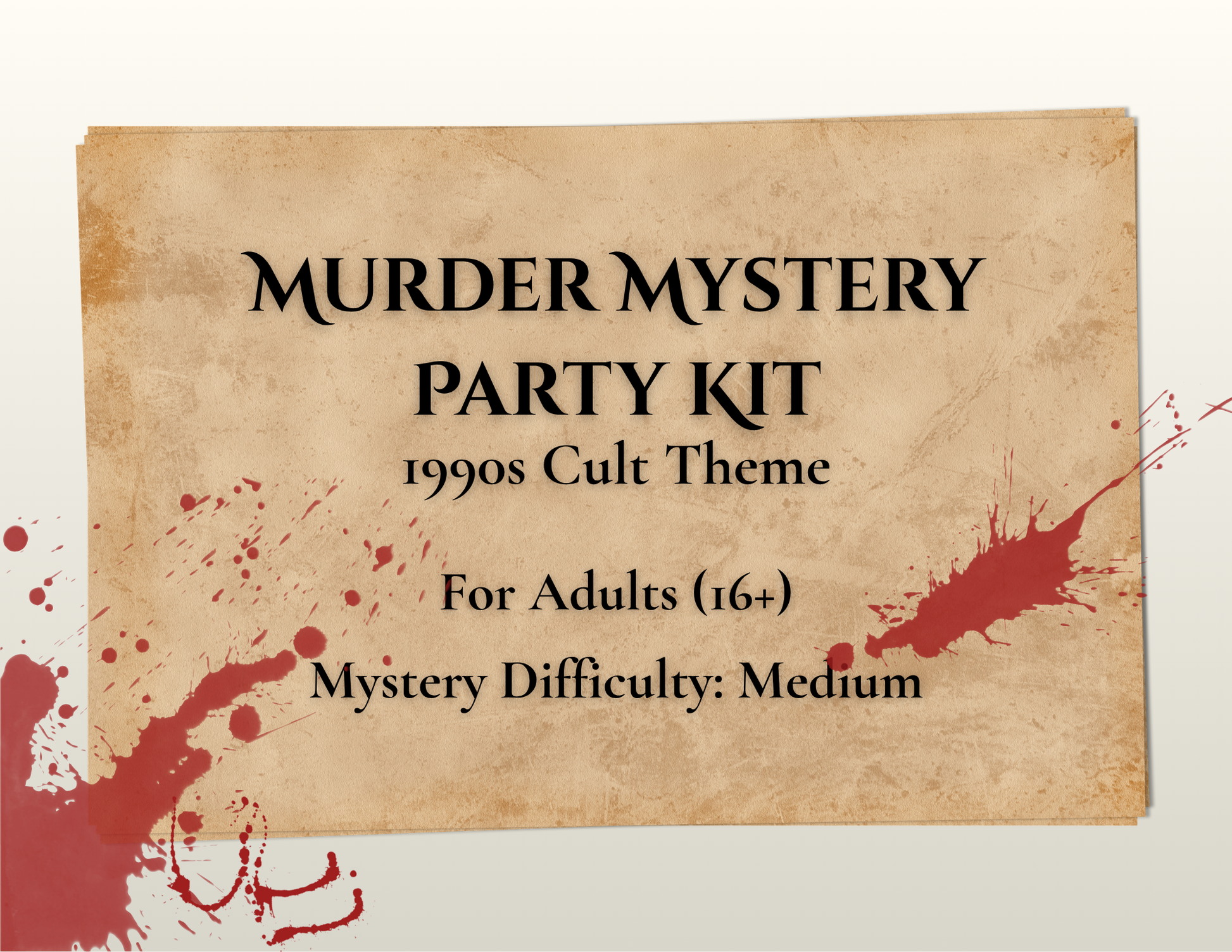 Promotional image for a 'Murder Mystery Party Kit' with a 1990s cult theme, suitable for adults with medium difficulty.